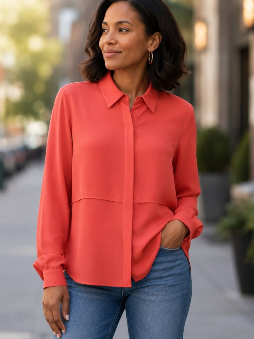 Theory Silk Long Sleeve Button Down Blouse in Dark Coral, Size L
